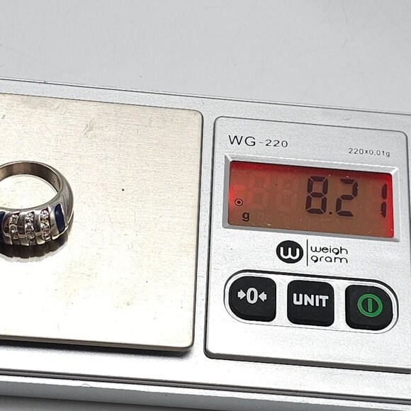 Sterling Silver Blue Enamel Clear Rhinestone Ring With Striped Design Size 6 - Picture 8 of 8